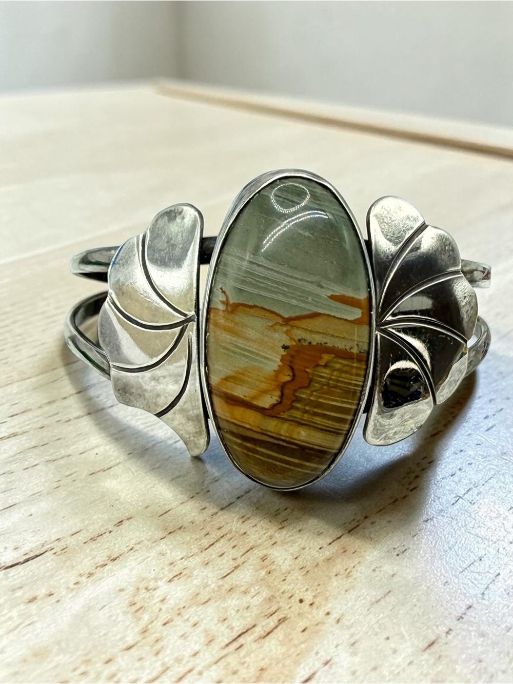 Sterling Silver Picture Jasper Artisan Southwestern Cuff Bracelet 6.5”Adjustable